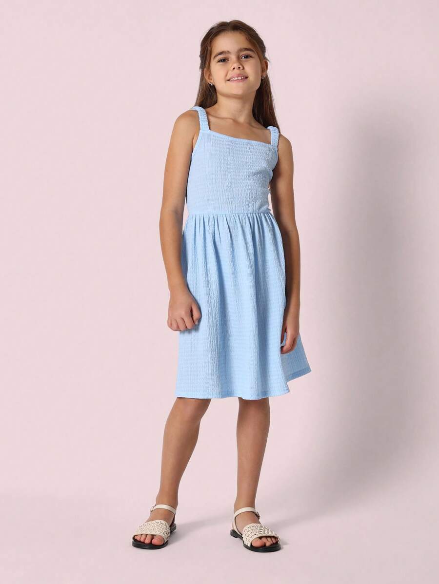 SUMWON Vestido de verano texturizado con smock, cuello cuadrado, sin mangas, largo midi, vestido de línea A para niñas, para fiestas dulces, playa, vacaciones y uso diario en primavera y verano