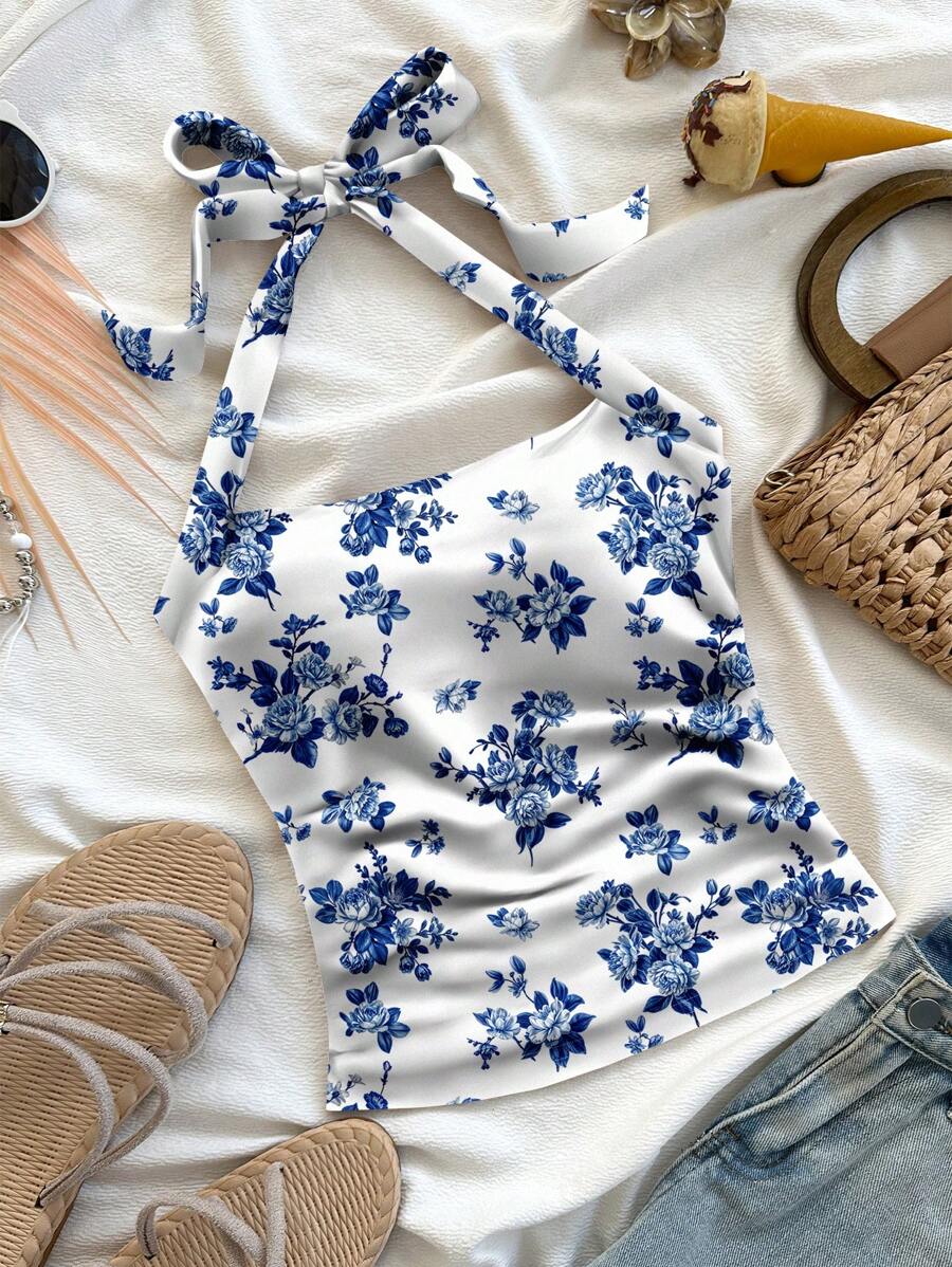 Soleia Parte superior de punto texturizada con lazo en el cuello para mujer talla grande, corte favorecedor, apropiada para verano en estampado floral azul pequeño, vacaciones, primavera/verano