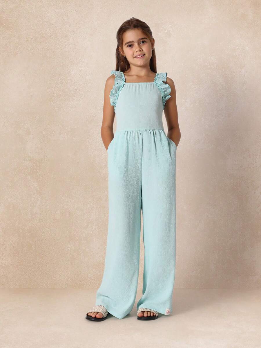 SUMWON Mono de verano con volantes en los tirantes, pierna ancha de longitud completa, diseño contemporáneo casual, pantalón mono para niñas, ropa de vacaciones y resort, moda juvenil