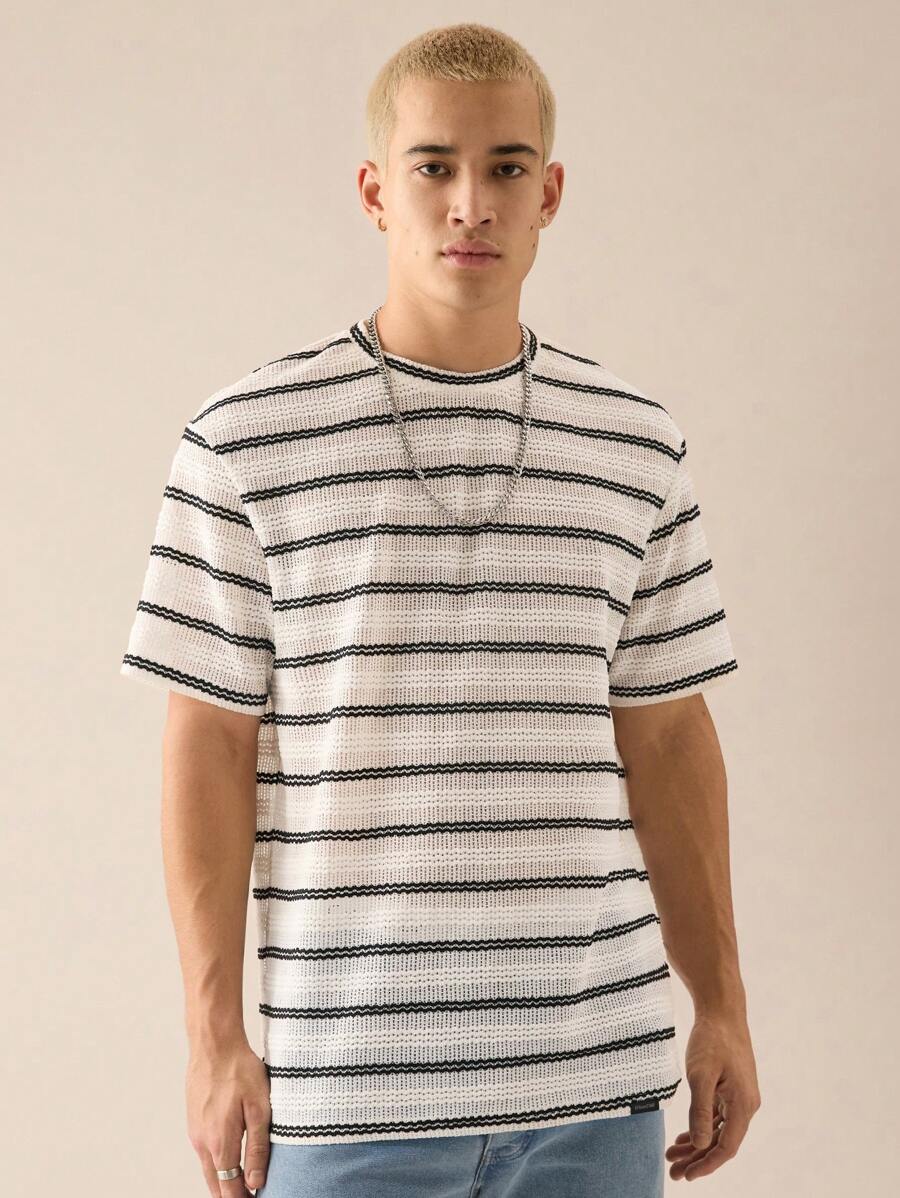 SWAVVY Camiseta de manga corta de ajuste holgado y de punto de unicolor casual para hombres jóvenes
