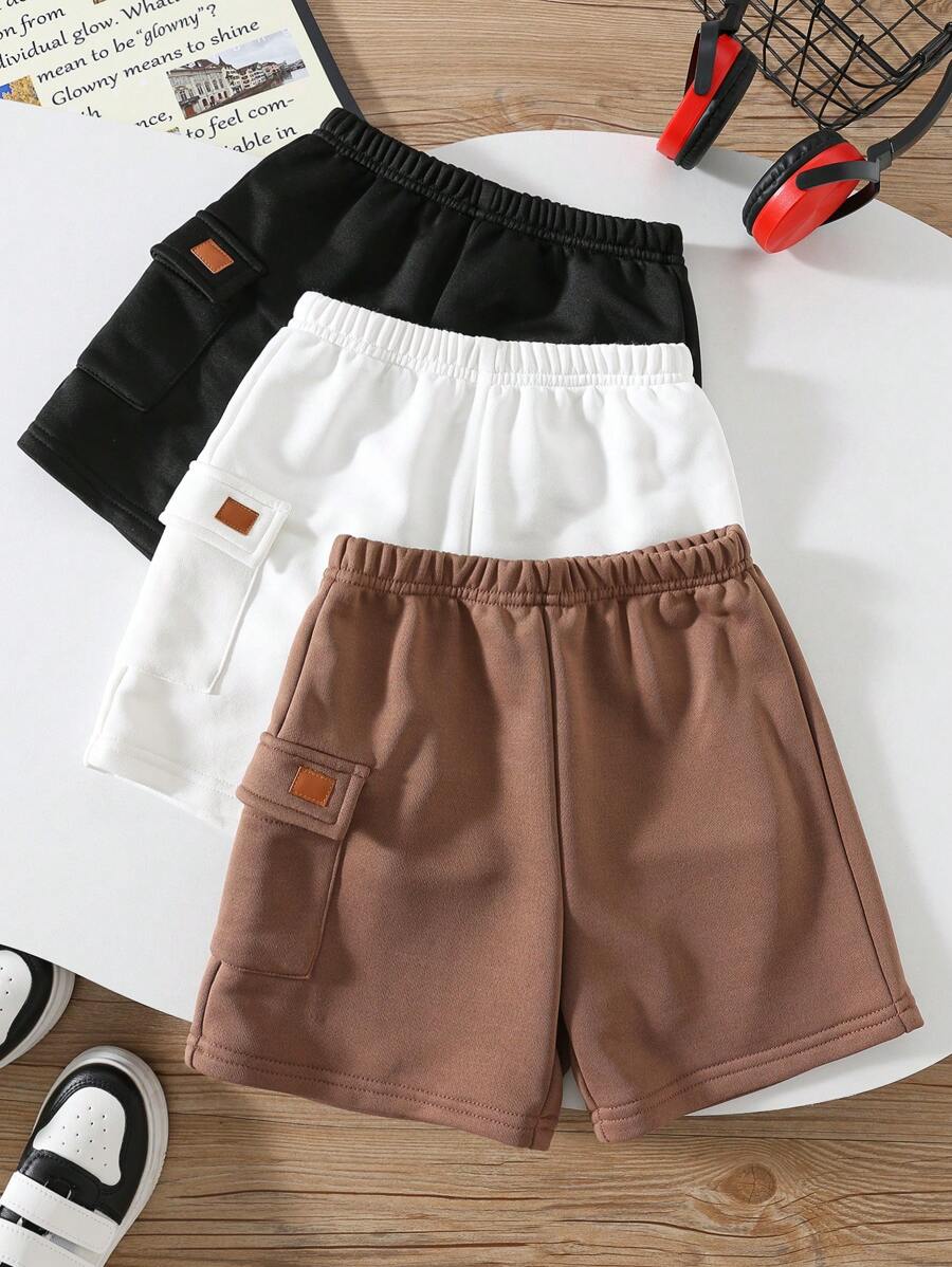 SHEIN 3pcs Young Boys' Casual Comfortable Pockets & Embellished Knit Shorts Set