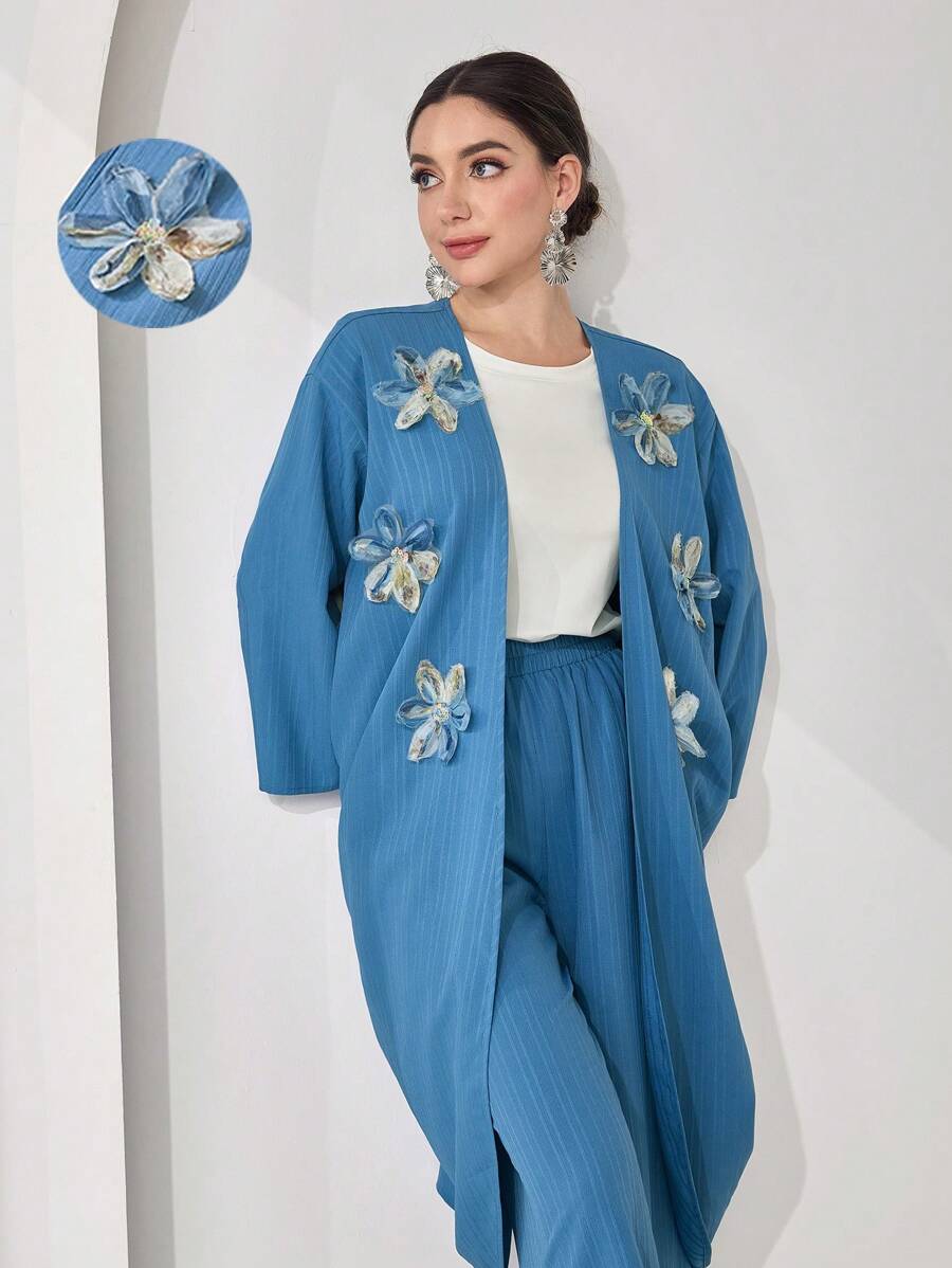 Veilorie 2pcs Women Set: Floral Decor Long Sleeve Jacket And Pants