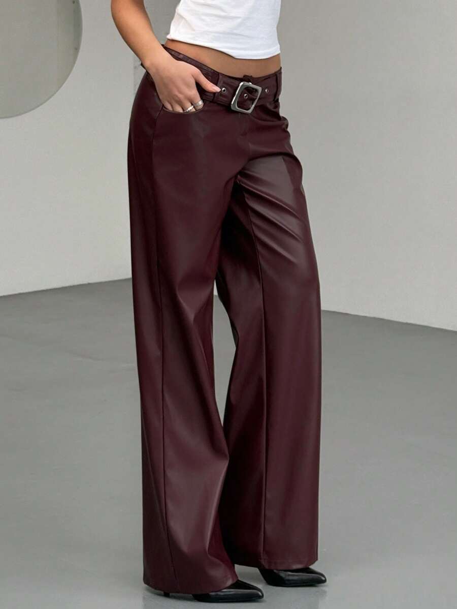 Aloruh Burgundy PU Leather Pocket Waist Straight Leg Pants For Women
