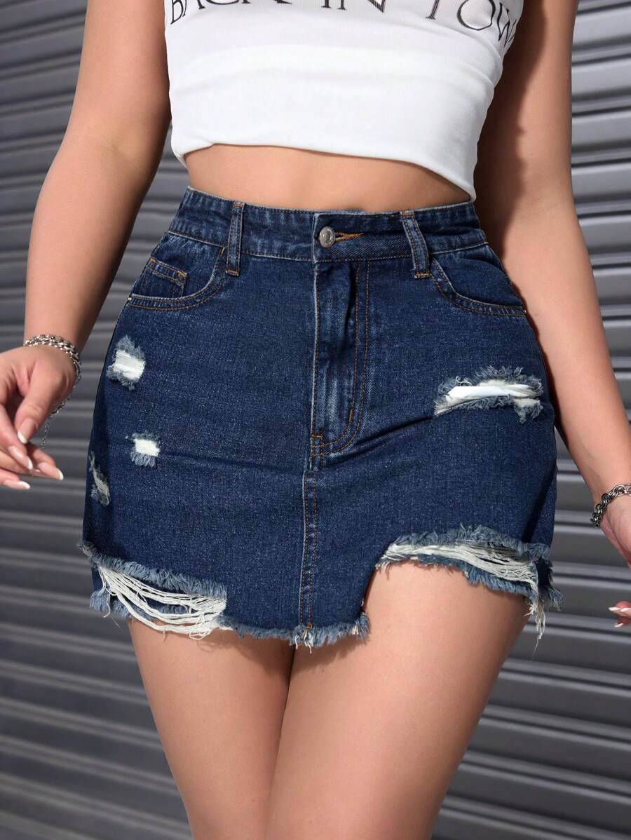 SHEIN ICON Casual Washed Distressed Frayed Hem Denim Shorts