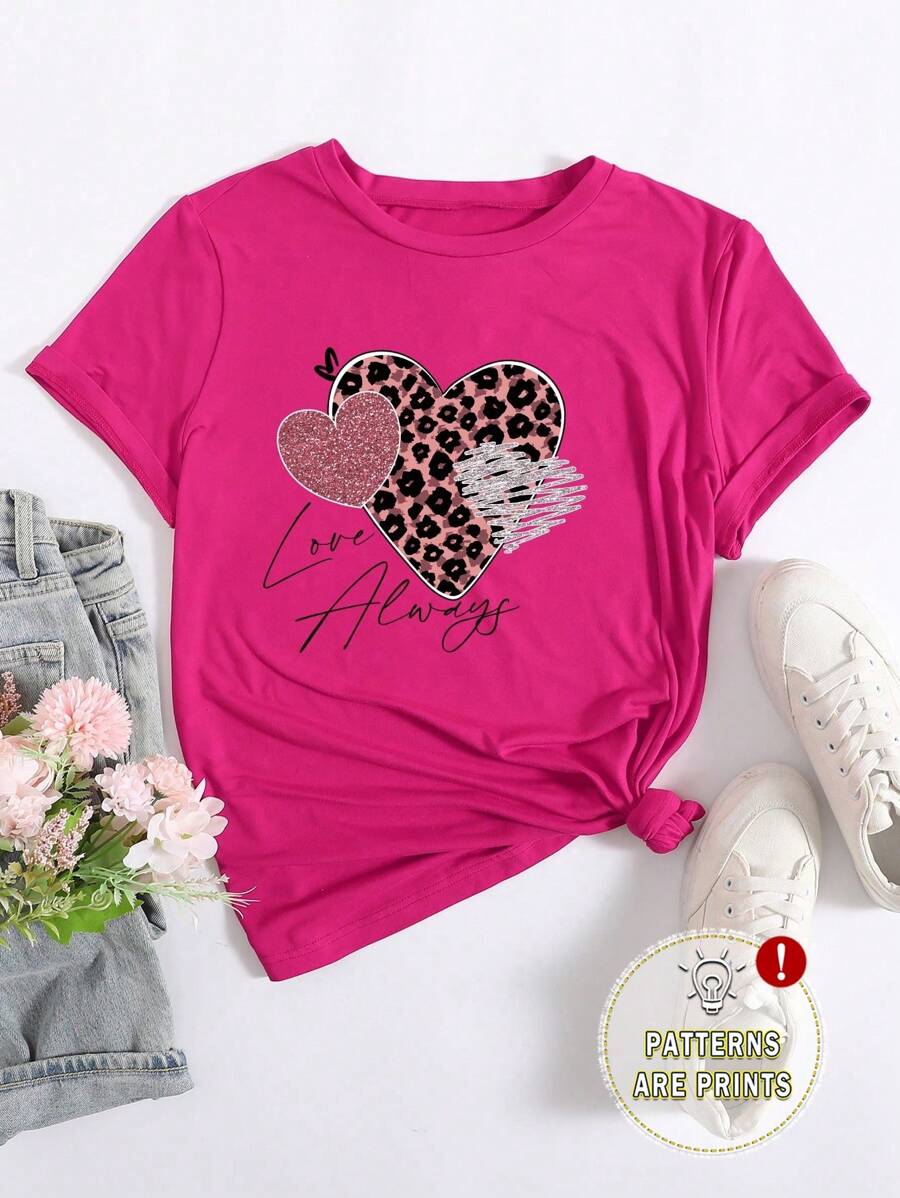 INAWLY Heart & Letter Printed Round Neck T-Shirt Graphic Cheetah Print Tees Women Tops