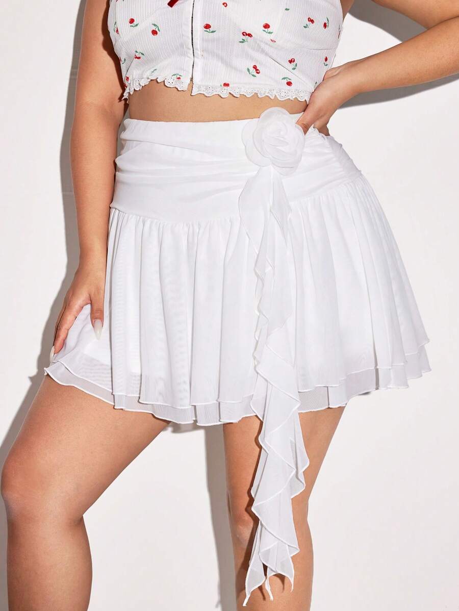 SHEIN ICON Plus Size 3D Floral Ruffles Decorated A-Line Mesh Skirt