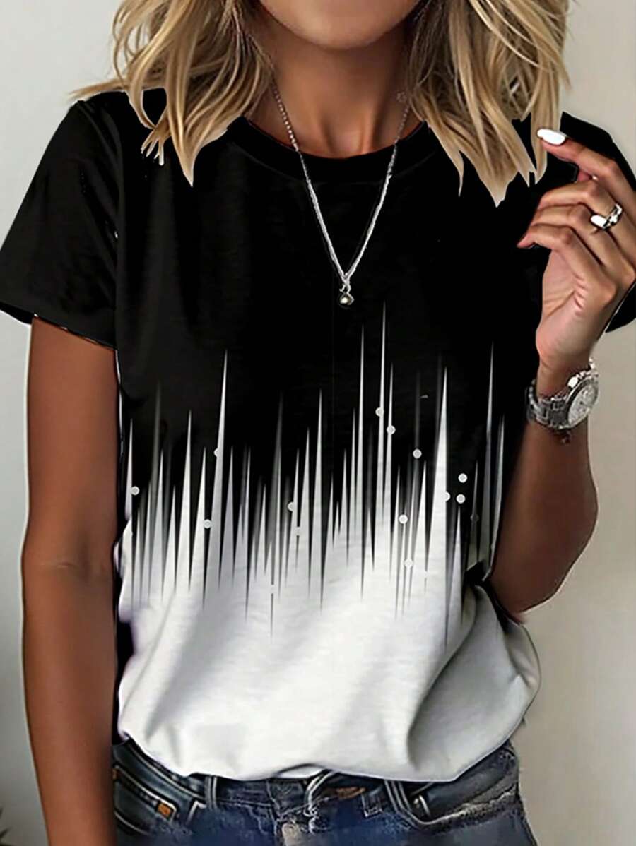EMERY ROSE Casual Minimalist Black White Ombre Line Print Loose Crew Neck Short Sleeve T-Shirt For Women
