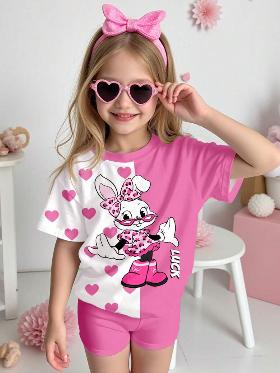 SHEIN 2pcs Young Girls Casual Rabbit Print Short Sleeve T-Shirt And Shorts Set, Comfortable & Minimalist Design, Suitable For Spring & Summer