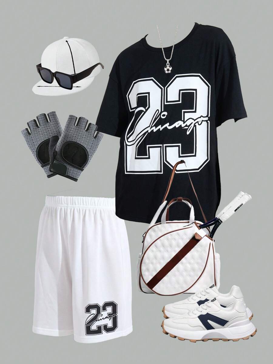 SHEIN 2 stuks/set Kids Tween Boys' Casual Veelzijdige Comfortabele Cijfer Print Ronde Hals Losse Korte Mouw T-shirt & Shorts Breiset