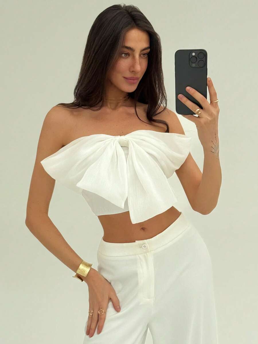 Aloruh White Contrast Fabric Bow Front Bustier Crop Top, Romantic For Wedding And Date