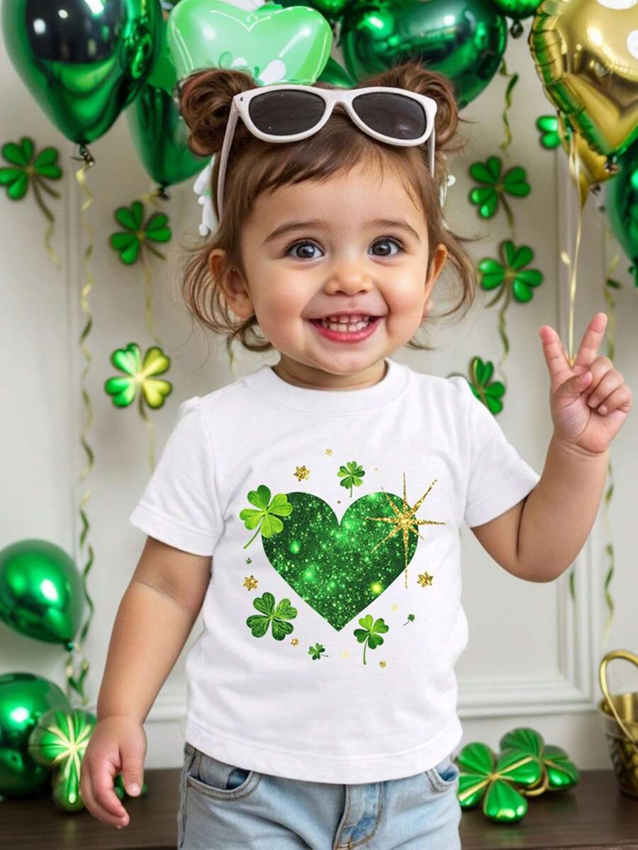 Baby Girl Casual Minimalist St. Patrick's Day Heart & Four-Leaf Clover Print Round Neck Short Sleeve T-Shirt, Suitable For Summer