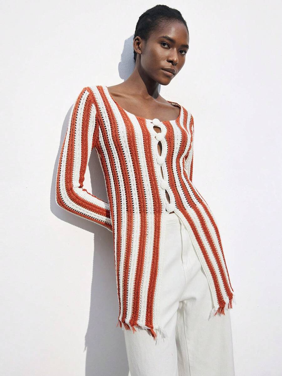 Maija Blouse de vacances à manches longues, nœud sur le devant, motif rayé, style bohème, pour femmes