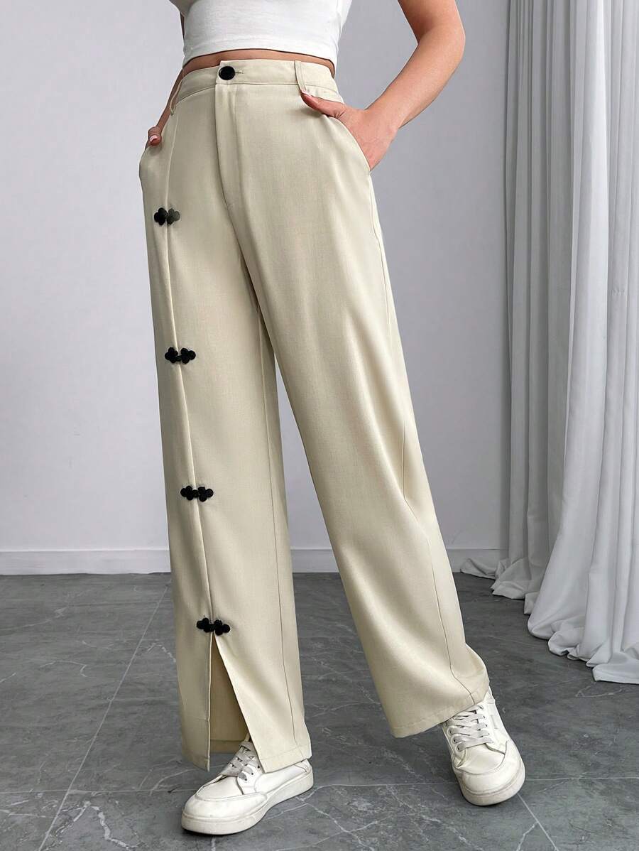 Calvaya Women's Straight Leg Loose Casual Pants With Button Design