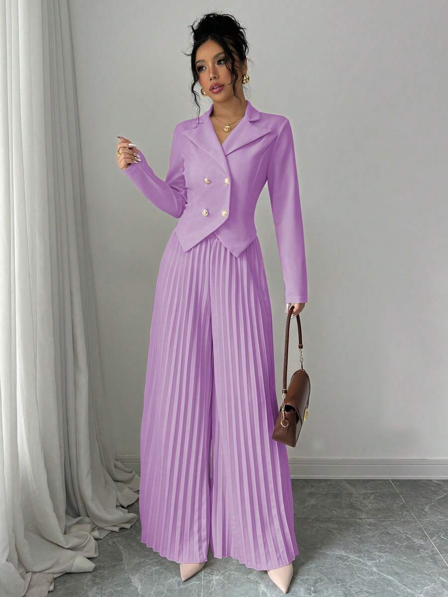 Elenzga Women's Elegant Ruffle Double-Breasted Long Sleeve Business Suit Set