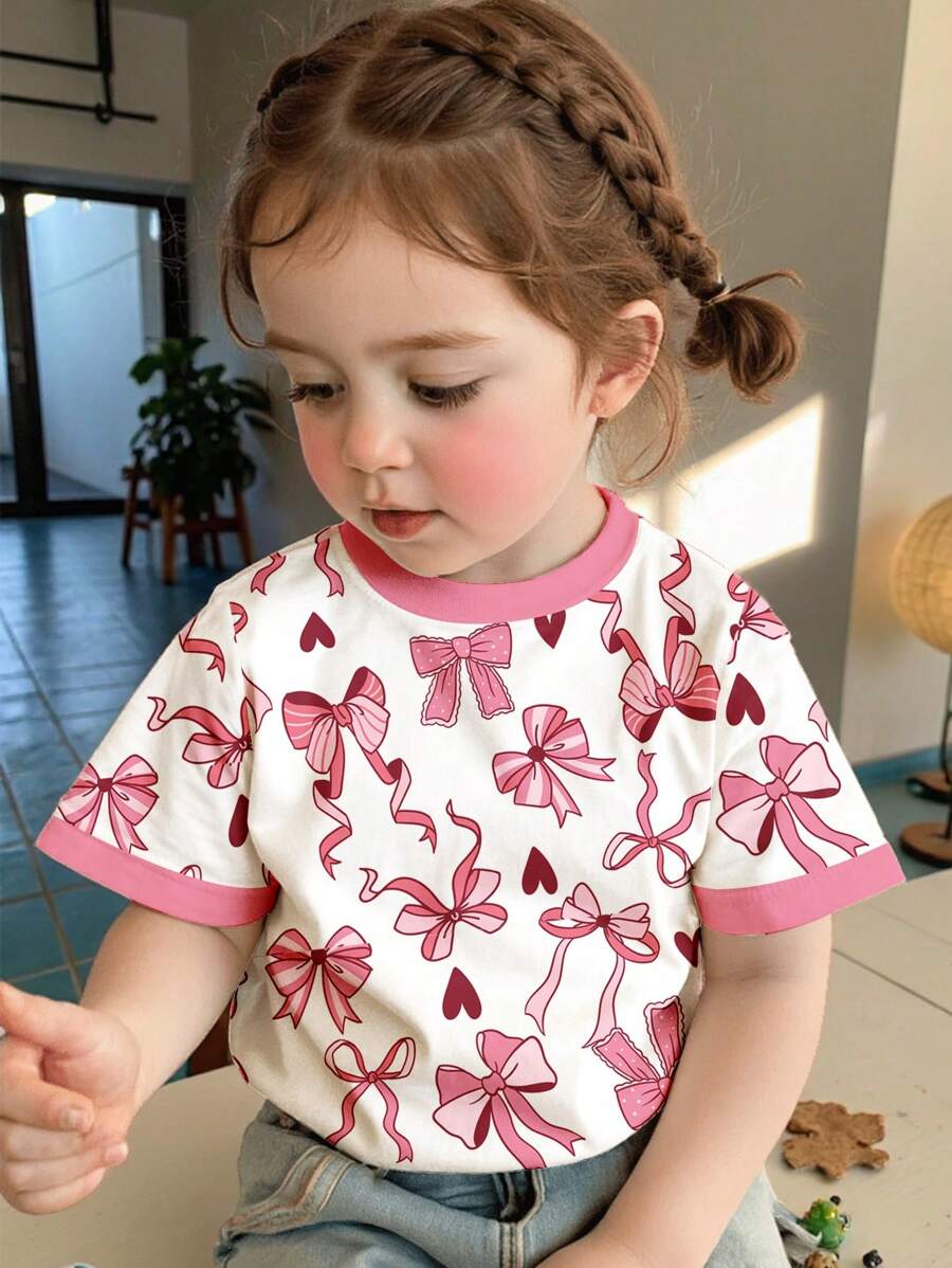 SHEIN Tween Girl Casual Heart & Bow Print Short Sleeve Round Neck T-Shirt, Simple Design Suitable For Summer