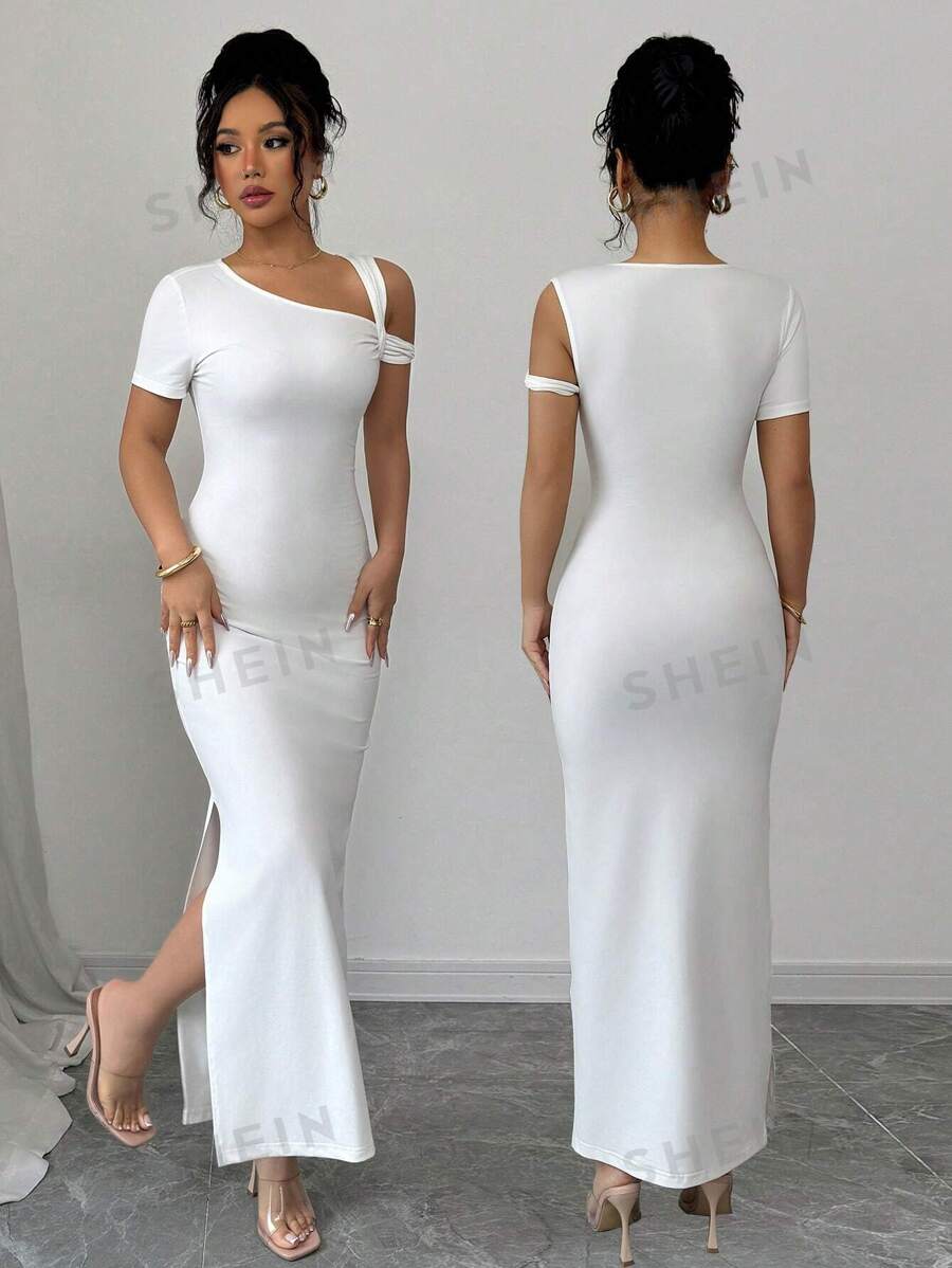 Calvaya Nuevo vestido mini ajustado asimétrico de unicolor