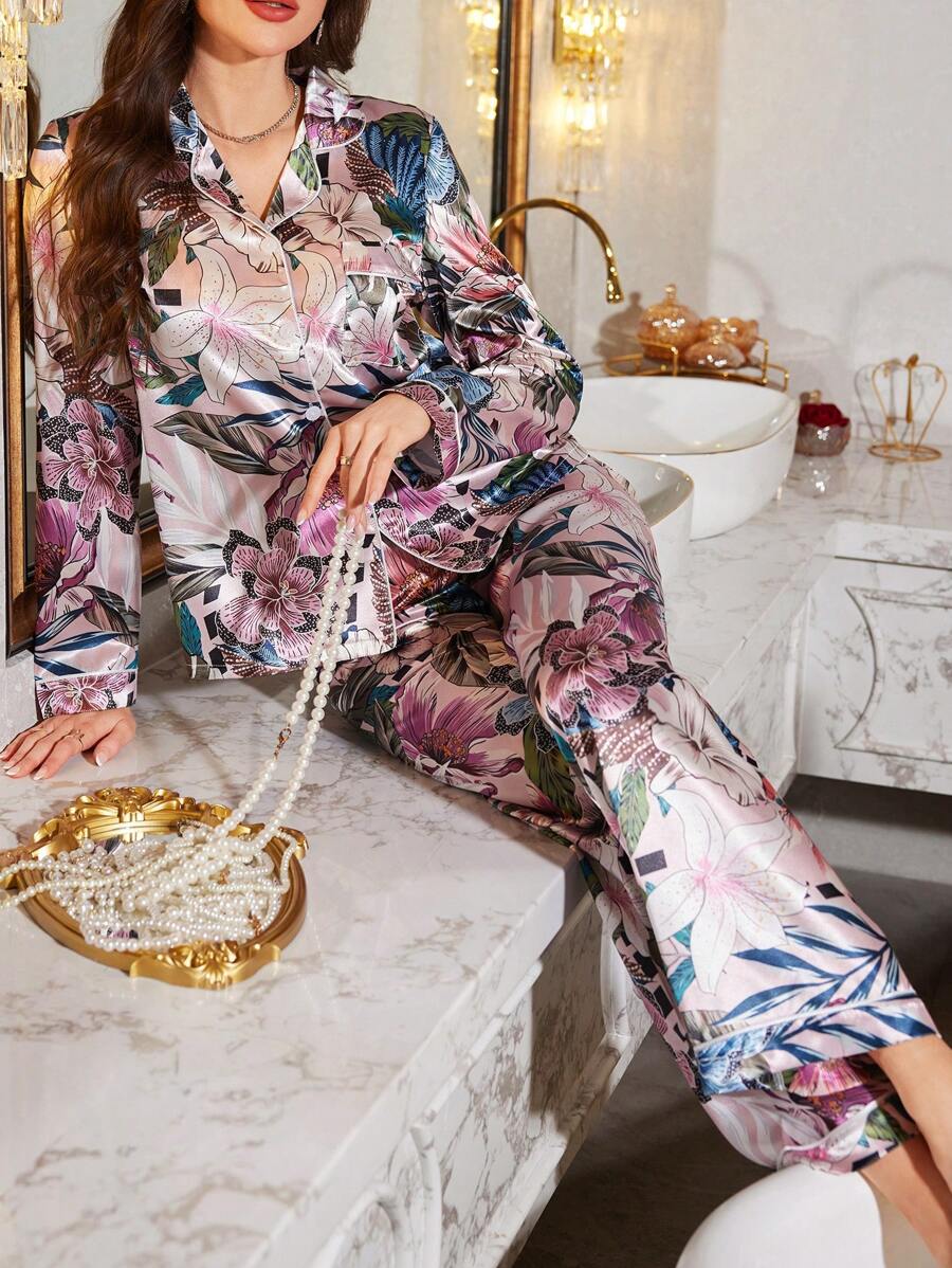 LuxeNights Elegant Floral Pattern Satin Lapel Pajamas Set For Women, Vacation