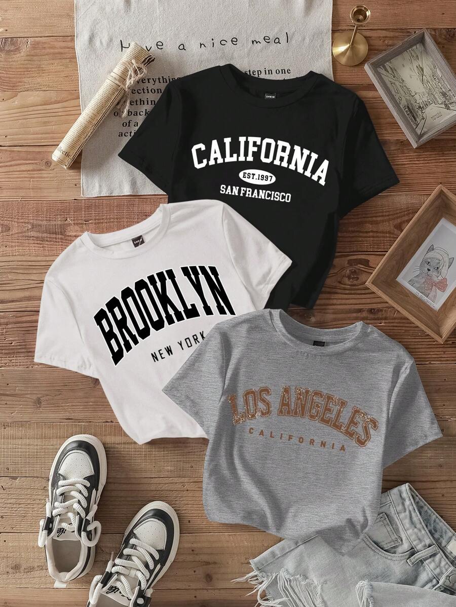 Attitoon 3pcs Casual Minimalist English Graphic Round Neck Short Sleeve Cropped Fitted Tee Shirt For Women Back To School