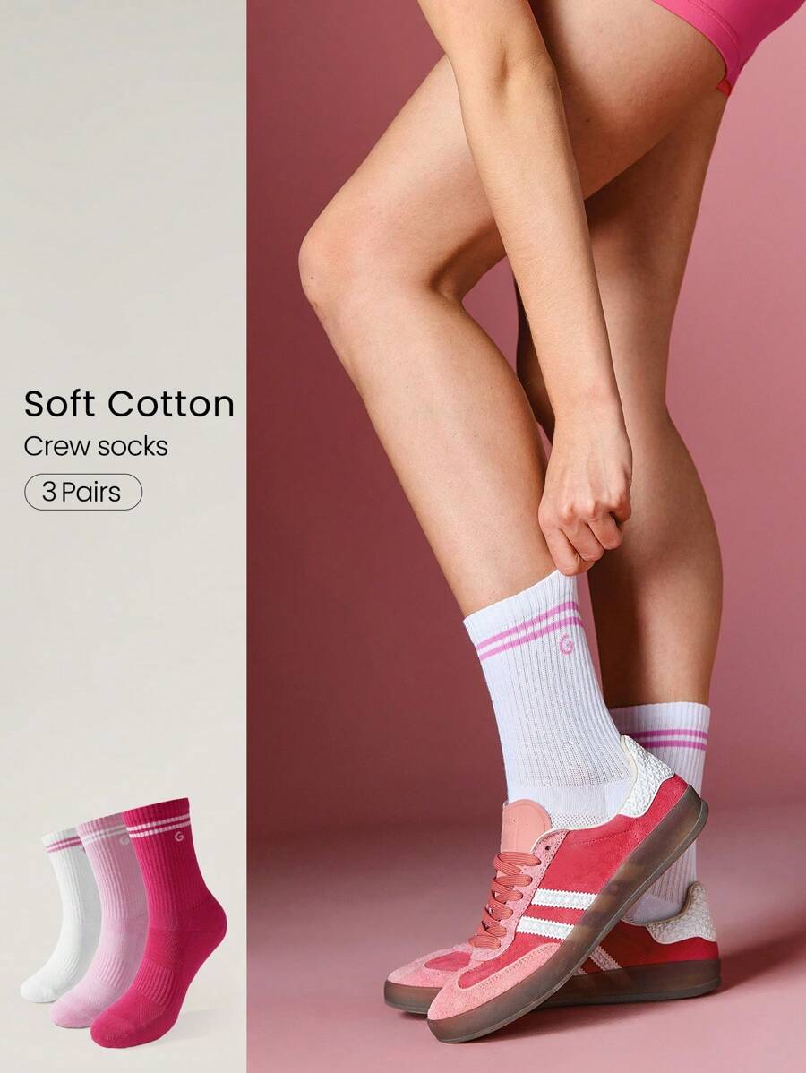 GLOWMODE 3 Pairs Cotton Vintage Striped Socks Soft Ventilated Mesh With Jacquard Logo Workout Daily Casual
