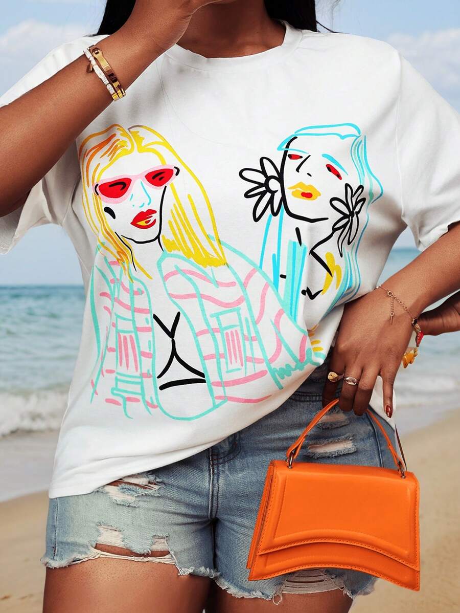 Slaydiva Plus Size Summer 2025 New Style Casual White Short Sleeve All-Match Versatile Abstract Line Pattern Printed T-Shirt