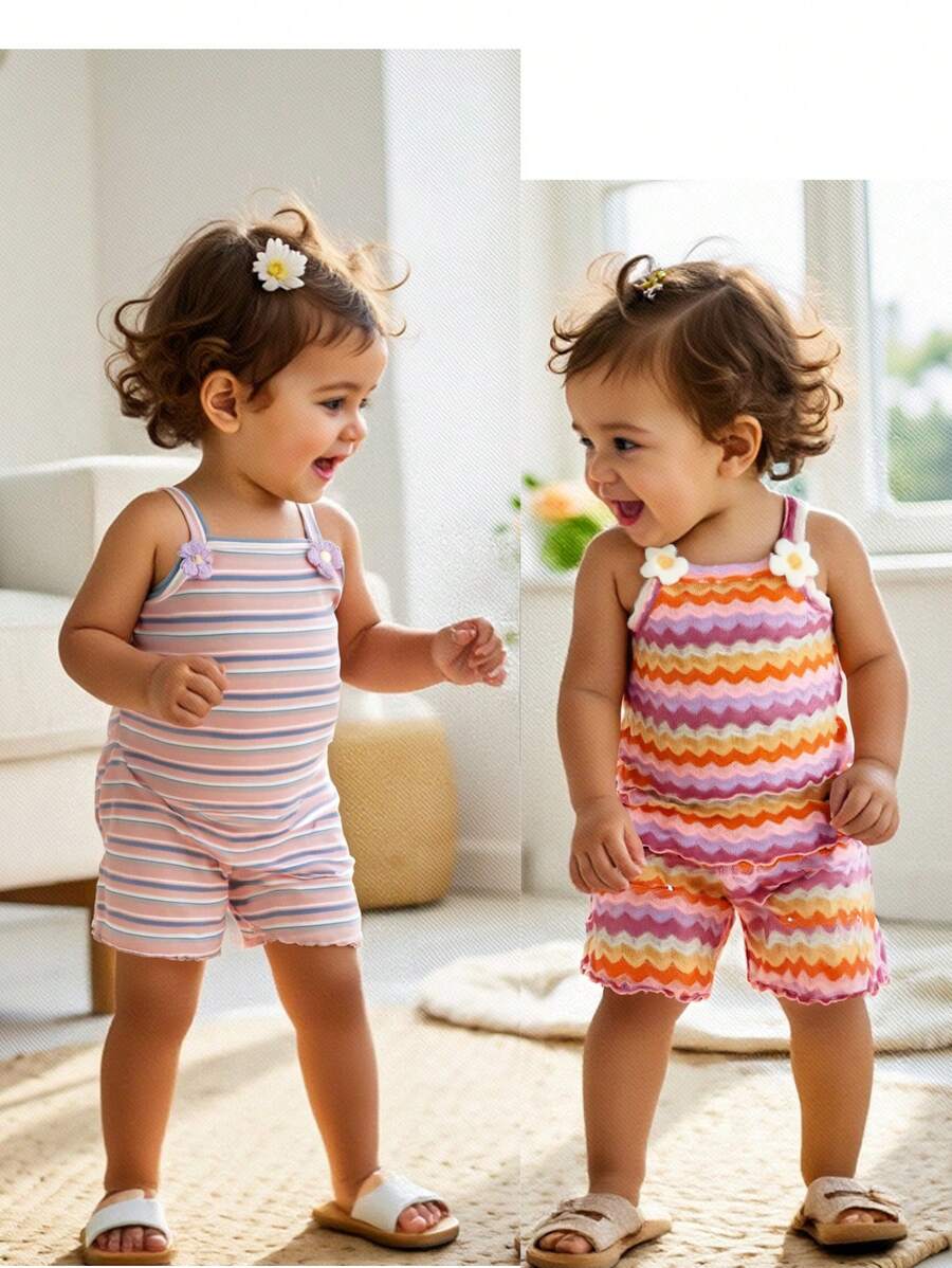 Cozy Pixies 4-Piece Set: Baby Girl Colorful Striped Knit Soft Camisole Top And Elastic Waist Shorts