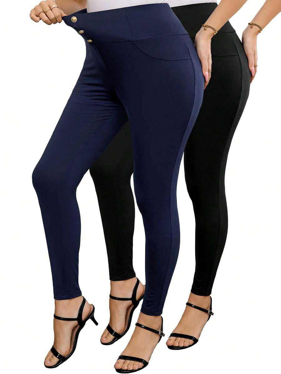 SHEIN Clasi 2pcs/Set Plus Size Elegant Solid Color Button Decor Leggings