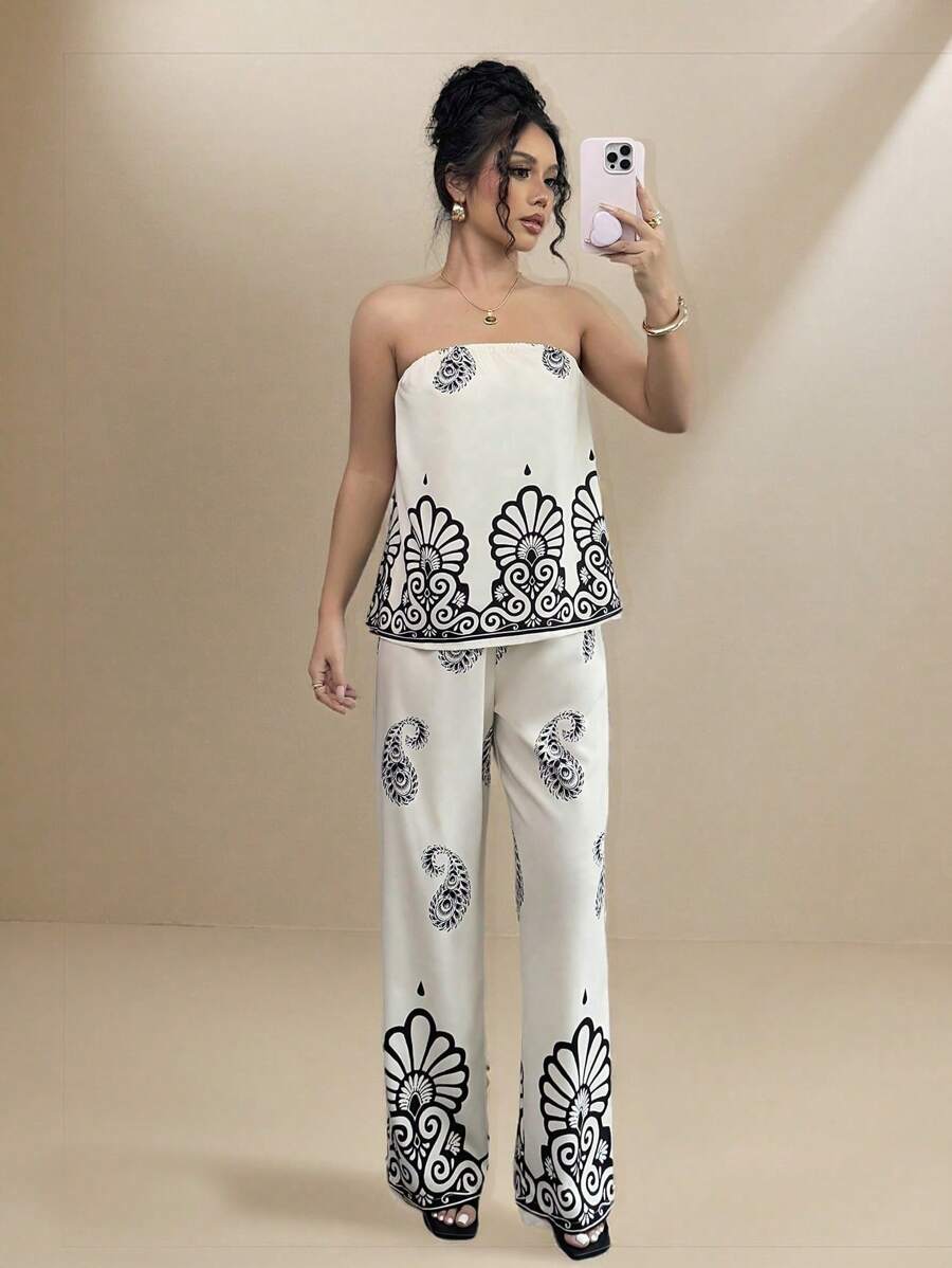 Calvaya 2pcs/Set Women Elegant Resort Floral Print Camisole And Pants Set