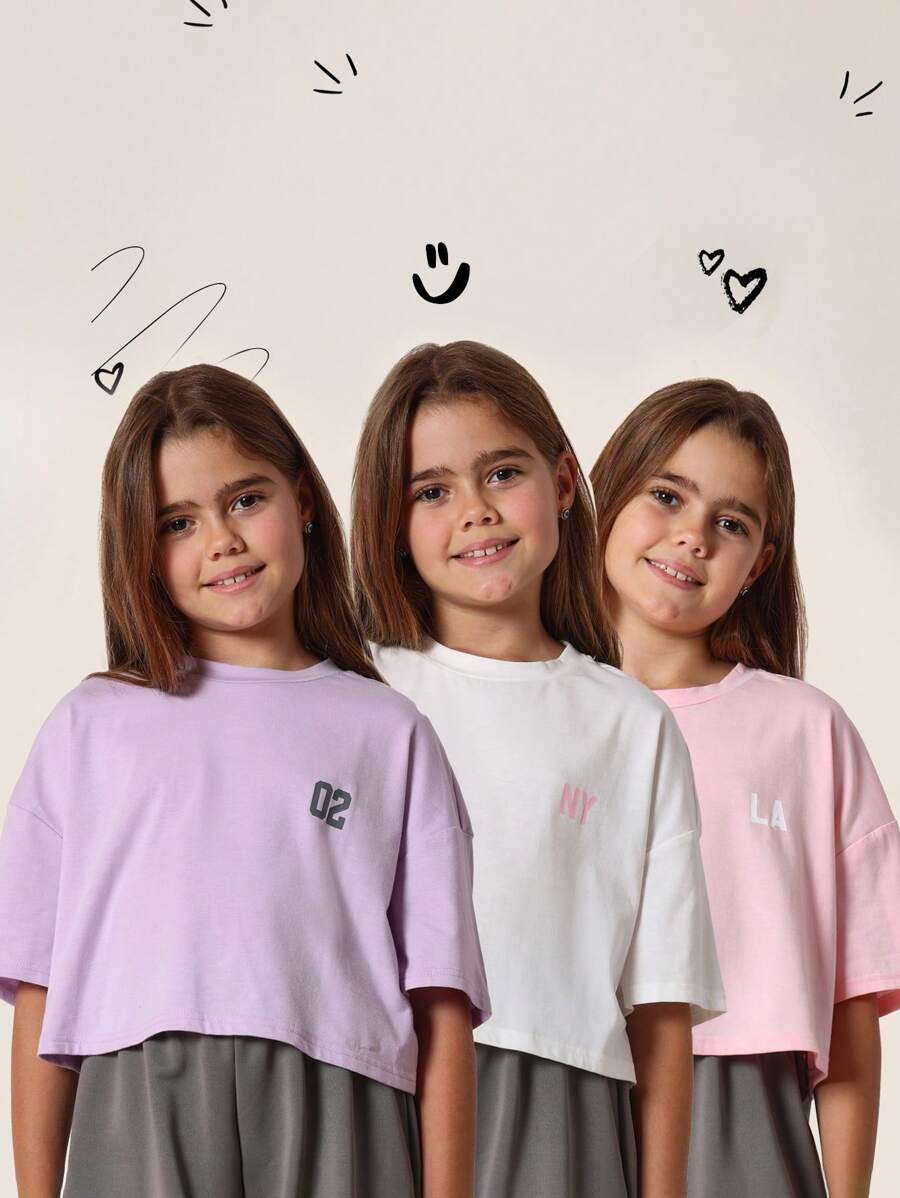 SUMWON Crop Top Set Girls Tween Fashion Pack Triple Pack Casual Short Sleeve Cotton Blend Boxy Tees Summer Spring Collection Purple White Pink