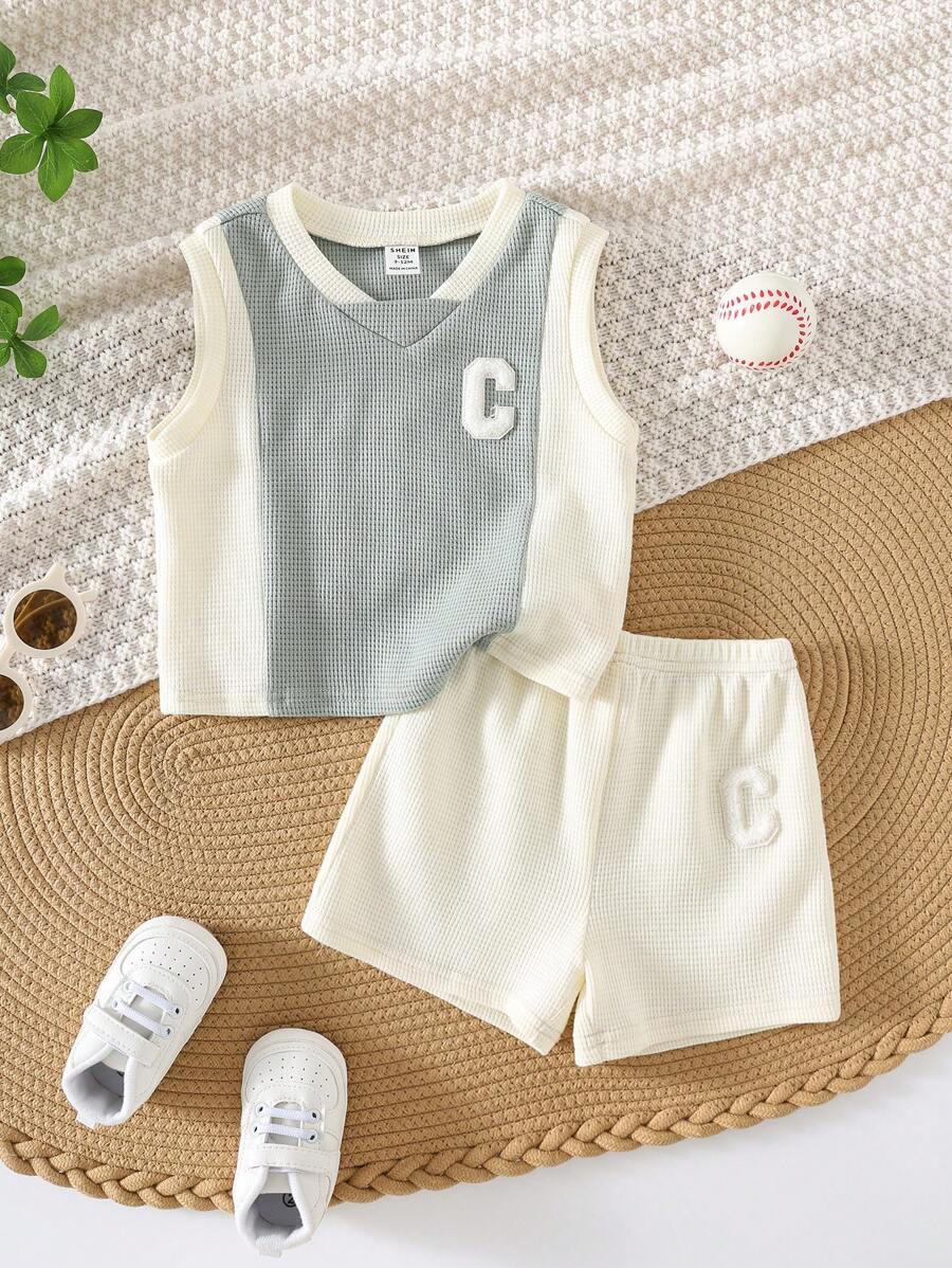 Baby Boy Letter Seal Contrast Color Knitted Soft Round Neck Wide Strap Pullover Top Elastic Waist Shorts Two-Piece Set
