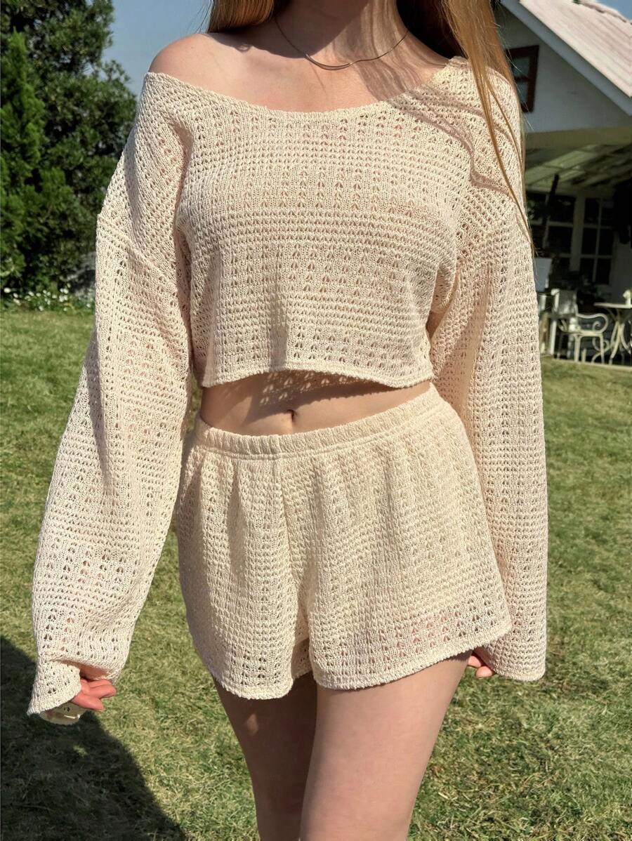 SHEIN EZwear Apricot Casual Knitted Women 2 Pieces Set, Simple Solid Color Long Sleeve Top And Shorts