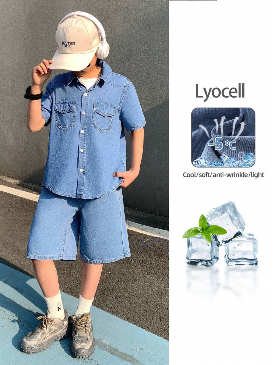 SHEIN Conjunto de 2 piezas para niño preadolescente: camisa vaquera de manga corta azul claro de sensación fresca y cómoda, y pantalones cortos vaqueros sueltos con cintura elástica, para uso diario y las cuatro estaciones. Ropa informal y casual para niños.
