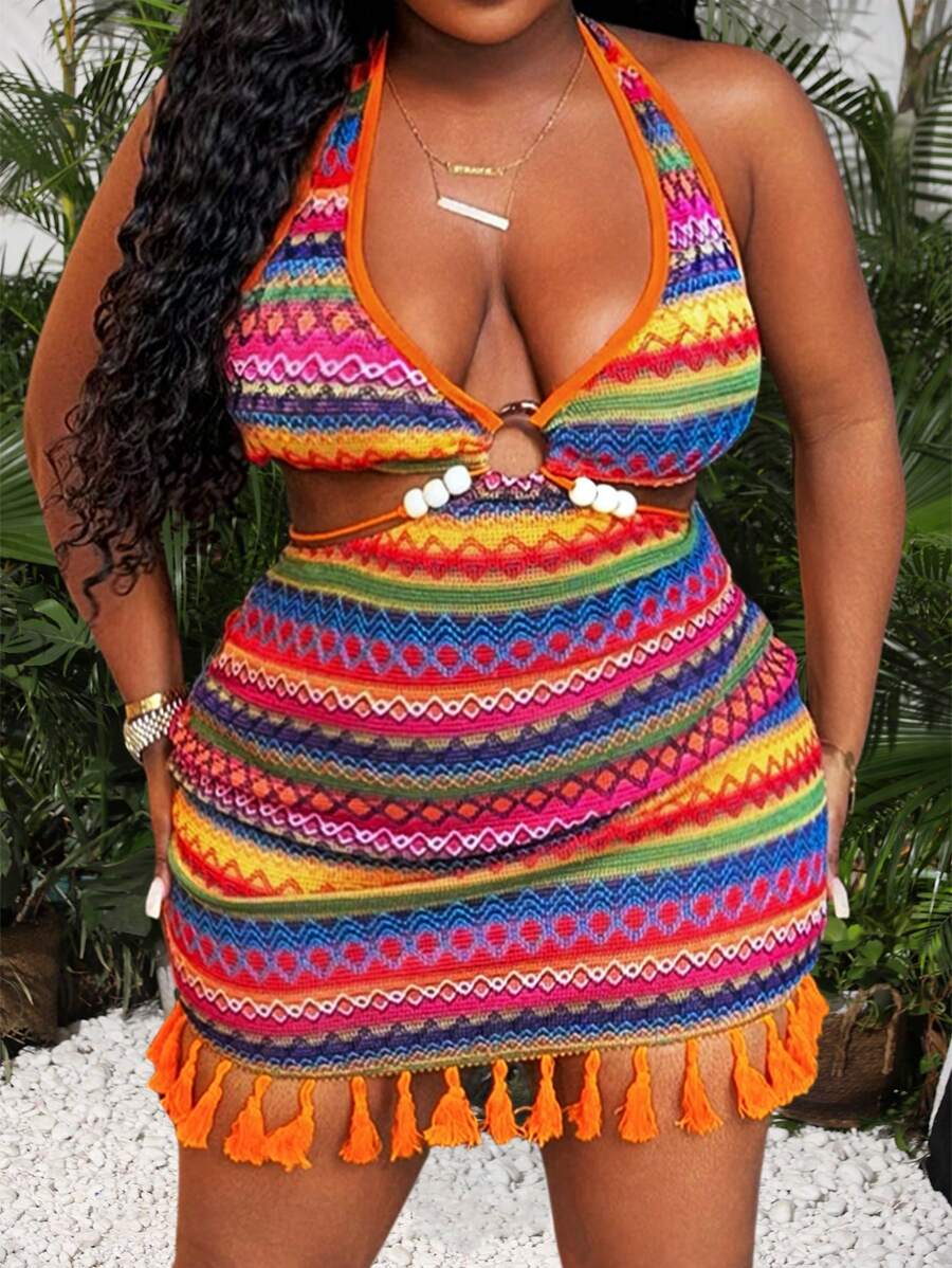 Slaydiva Plus Size Summer Casual Holiday Halter Neck Strap With Hollow Bead Decoration On The Waist, Tassel Rope Hem, Tassel Mini Dress, Colorful Striped Slim Dress, Women's Dress,Beach Dress Sundress,Holiday Outfits Boho