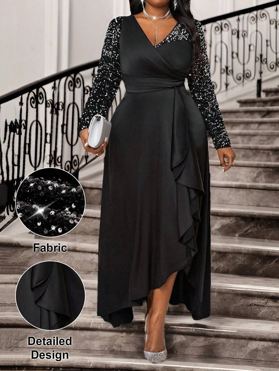 SHEIN Lady Spring And Summer Valentine's Day Formal Dresses For Women Prom Dress Business Casual Woman Wedding Guest Dress Women Black Sequin Patchwork Women Long Black Dresses