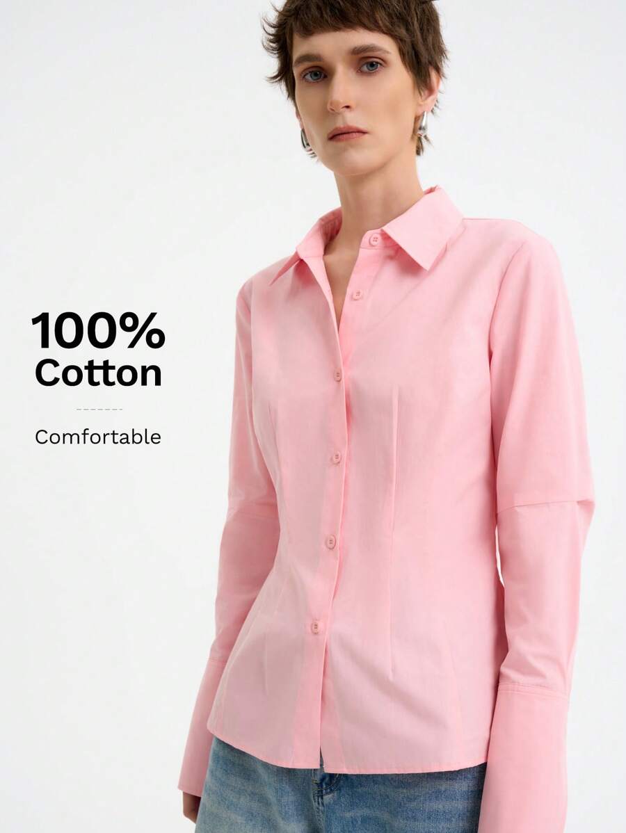 Aalyst Women's Long Sleeve Plain Cotton Shirt With Lapel & Ruffle Design, Slim Waist, Autumn/Winter
