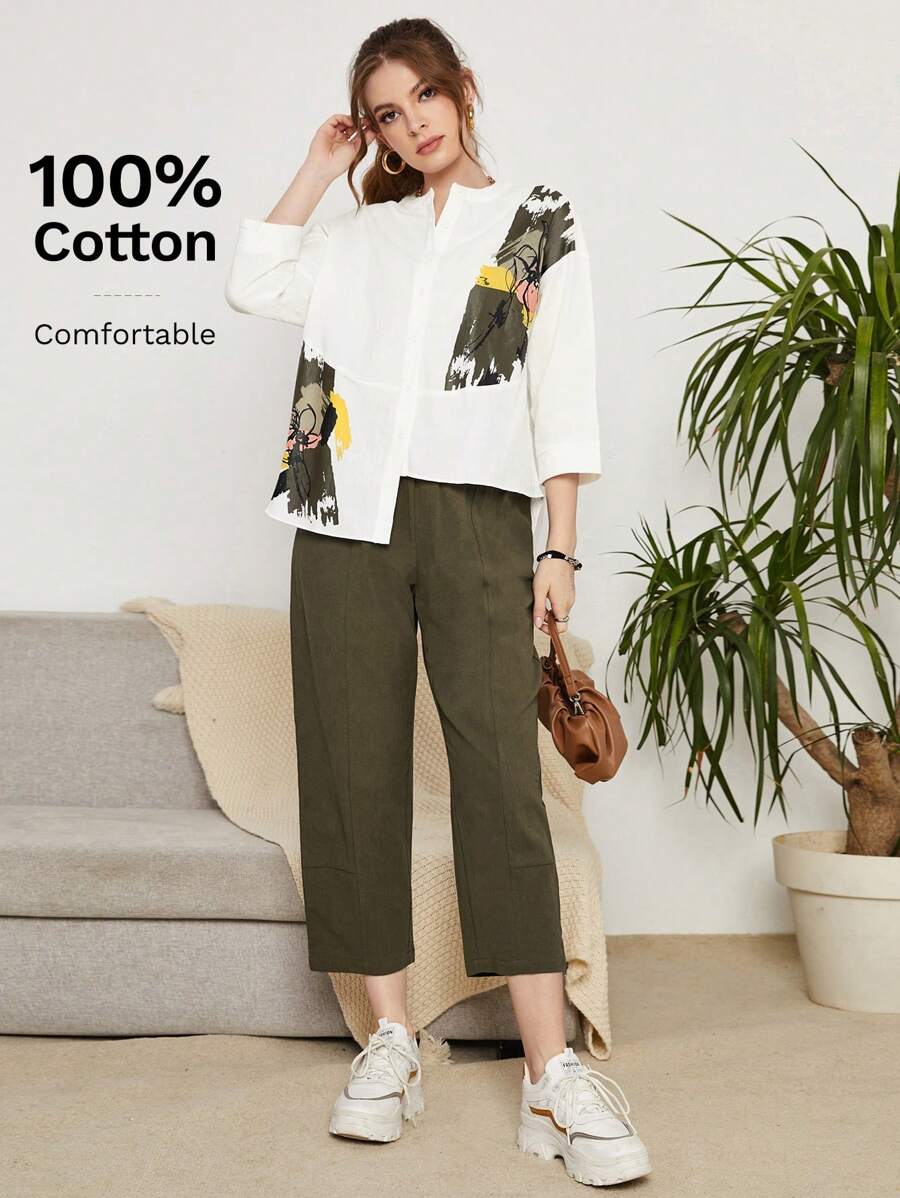 Mulvari Pantalones con blusa con estampado de pincelada de hombros caídos bajo asimétrico