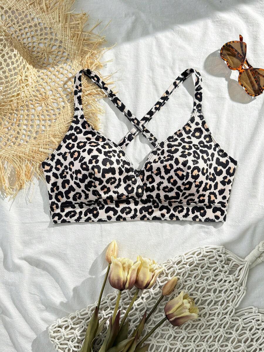 SHEIN Swim Curve Plus Size Summer Beach Leopard Print Swimwear Bikini Top