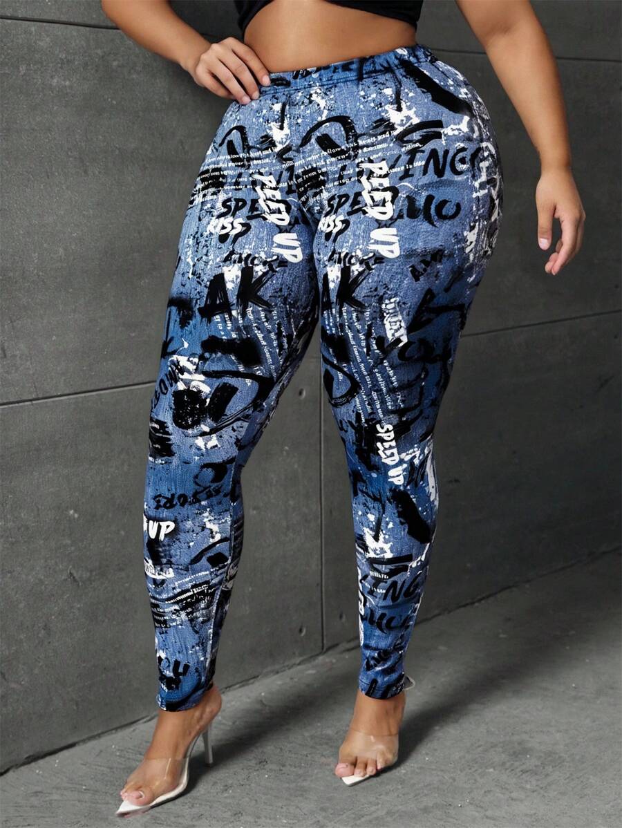 SHEIN SXY Plus Size Women's Sexy Mid-Rise Denim Effect Print Colorful Knitted Leggings,Suitable For Street, Casual, Sexy, Daily Travel, Shopping, Dating, Cool,Comfortable To Wear,Easy To Match&Looks Slim,Accent Your Body,Flatter The Figure