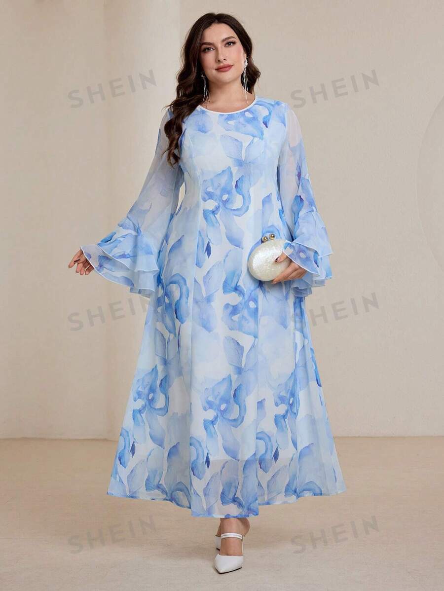 Graceveil Vestido modesto de talla grande con mangas abombadas, estampado floral de gasa y románico