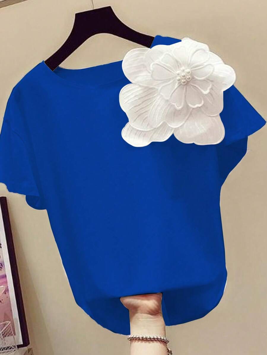 Franclia Floral Appliques Short Sleeves Tee For Summer Graphic Tees Women Tops