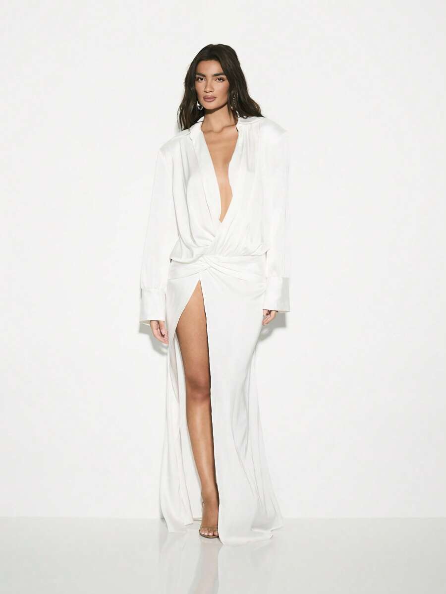 KIZN Robe de soirée longue avec encolure plongeante drapée et manches longues. Robe de cérémonie, de mariage ou d'invité. Taille rassemblée. Collection de luxe pour occasions spéciales