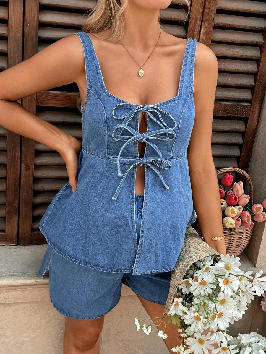 SHEIN Maternity Vacation Casual Sleeveless Drawstring Denim Top,Spring Outfits For Women / Spring,Summer Outfits For Women / Summer / Summer Clothes / Cute Summer Tops,Easter / Easter / Easter Outfit Women,Concert Outfit Women / Rave Outfits / Rave Outfits Festival / Country Concert Outfit / Nashville Outfits / Ibiza Outfits,Western Wear Women / Western / Western Clothes For Women,Cowgirl Outfits For Women / Rodeo Outfits For Women / Cowgirl Outfit,Beach Outfits For Woman / Beach, Brunch Outfits For Women,For Spring/Summer Holiday,Mother Day/Mom/Mother/ Mommy/Mother's Day/Mama/Mum/Mother's Day Gift