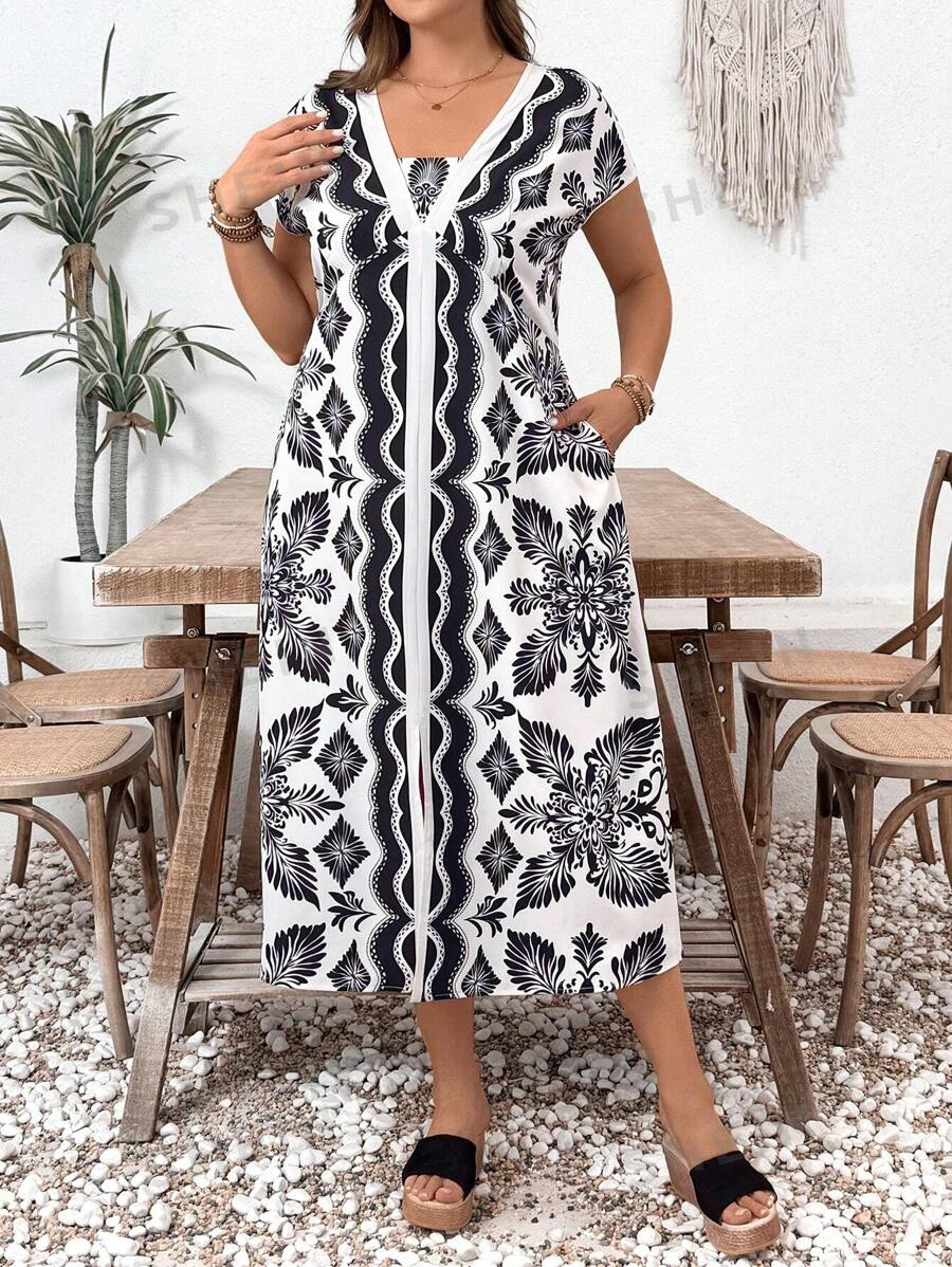 Breezaya Vestido de longitud media con estampado de pañuelo, de unicolor, de manga corta y escote en V para mujer de talla grande