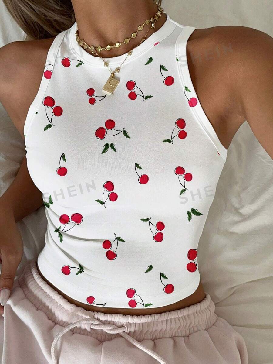 SHEIN EZwear Tricou cu imprimeu cireș, ocazional, strâns, cu gât rotund, pentru femei, drăguț și dulce, potrivit pentru haine de relaxare, vacanță, vară