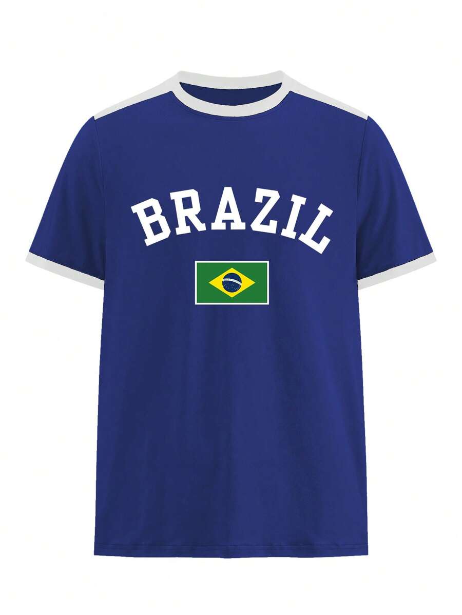 Manfinity Dauomo Brazil Letter & National Flag Print Stitching Round Neck T-Shirt For Men