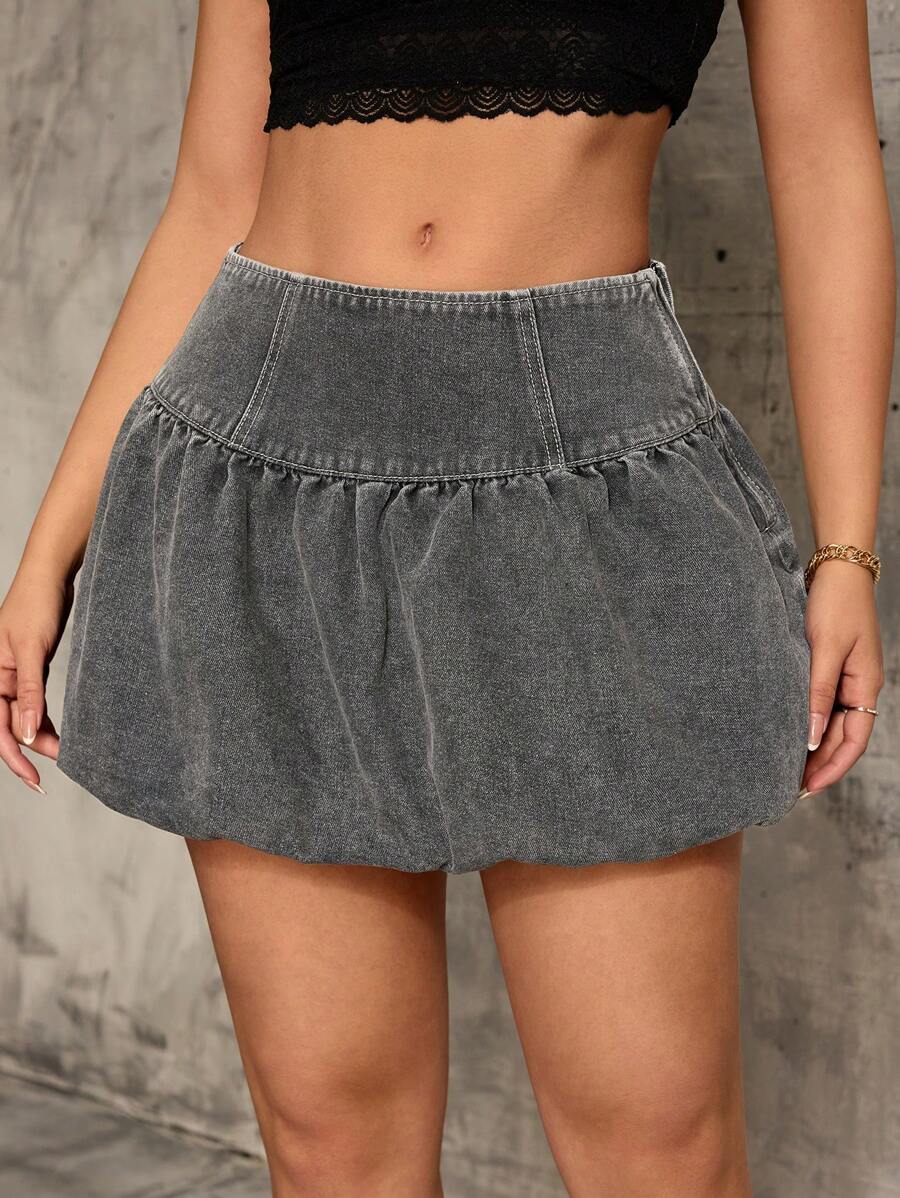 SHEIN SXY Grey Women's Denim Ruched Waist Casual Chic Versatile Mini Skirt, Summer New Arrival