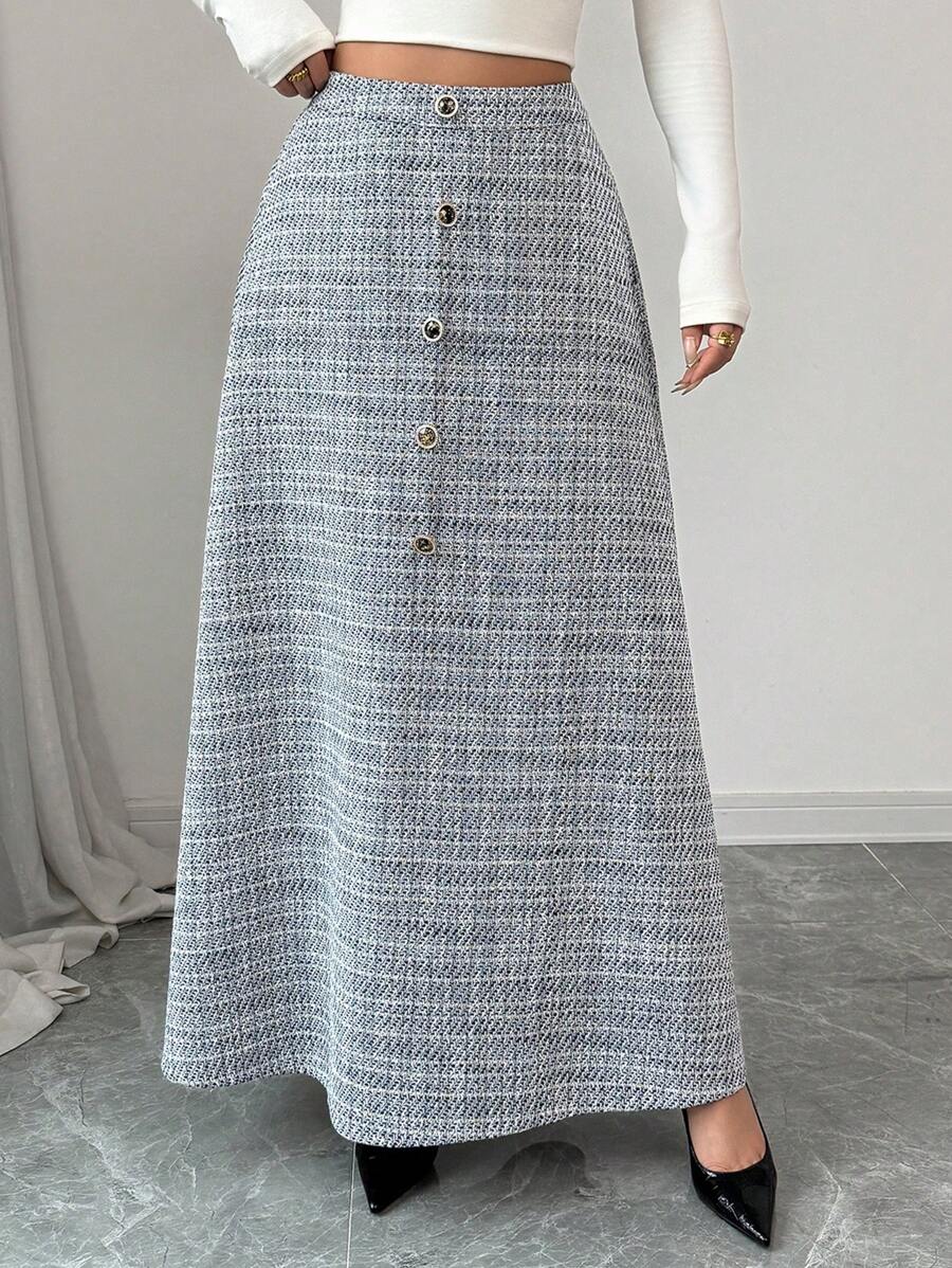 Modelyn Women's Elegant Woven Tweed Button A-Line Skirt