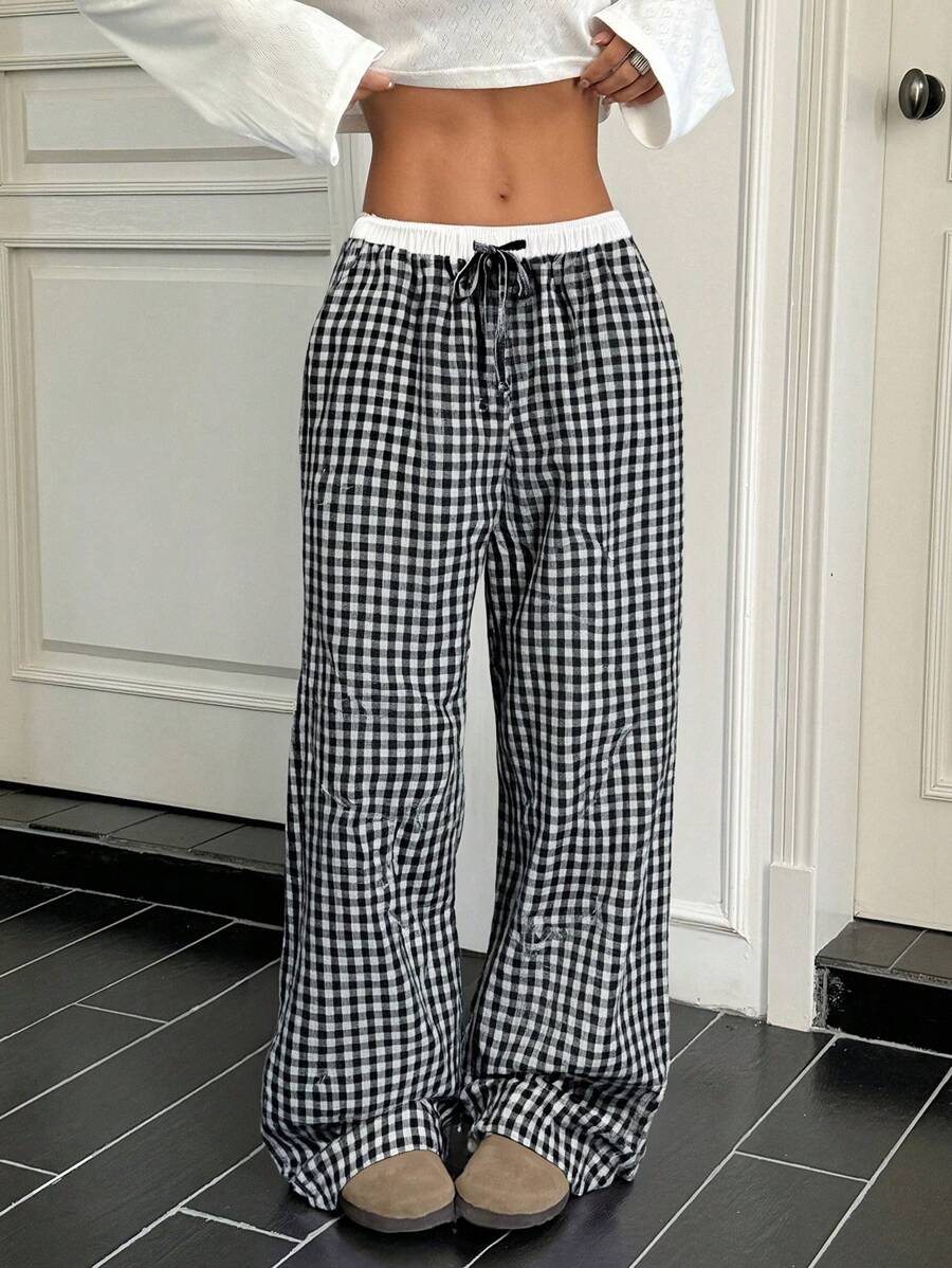 SHEIN Teen Girls' 2 In 1 Waistband Contrast Color Casual Versatile Woven Plaid Wide Leg Pants