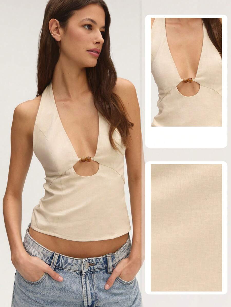 Nöista Parte superior sin mangas cómoda y natural con detalles en el frente, ¡perfecta para cualquier atuendo de primavera!