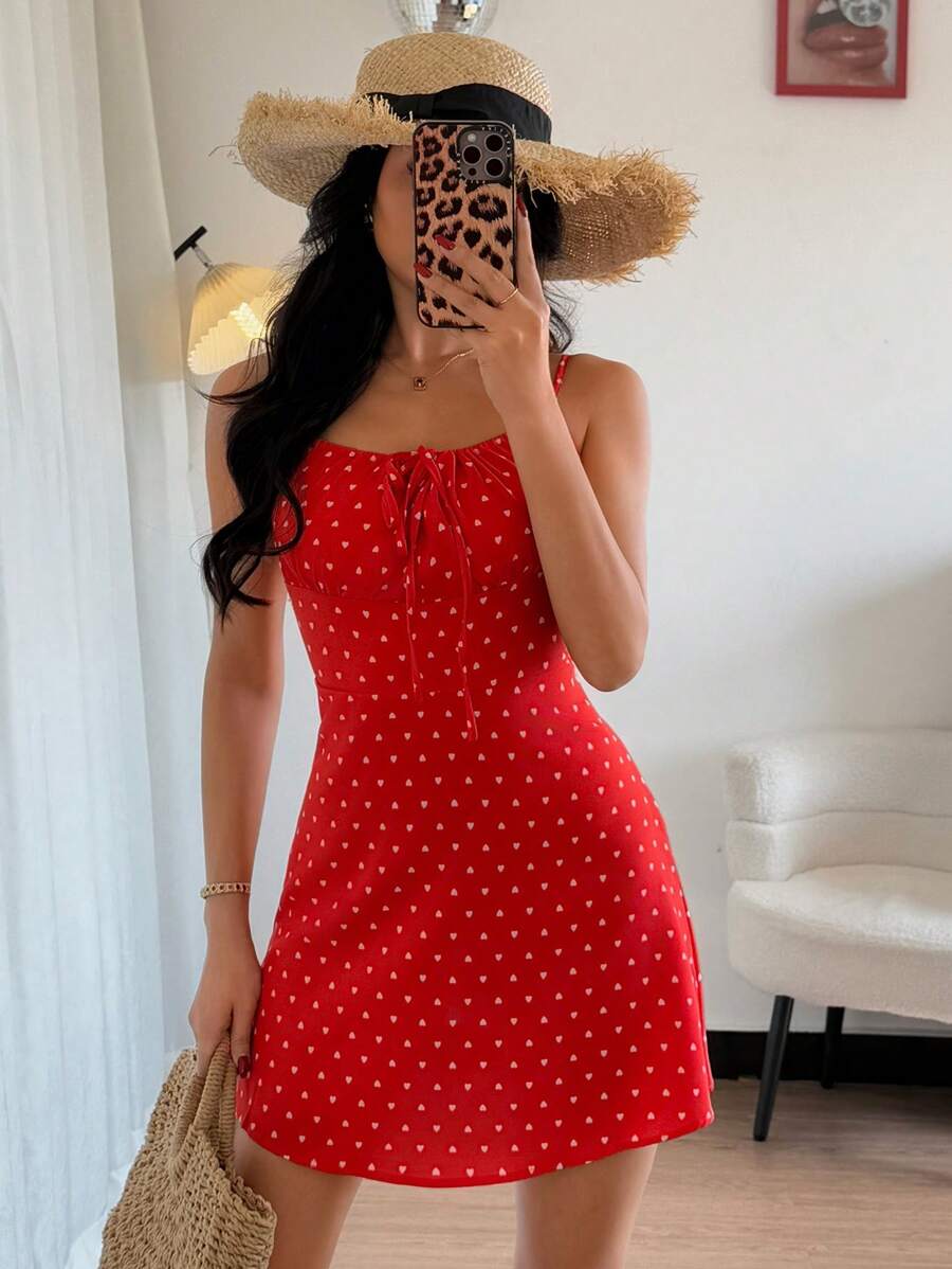 Islaluna Vestido sexy de tirantes finos con estampado de corazón y pequeñas flores para mujeres