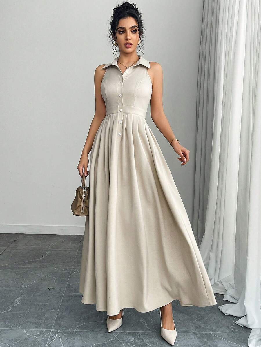 Chiquease Women Elegant Pleated Sleeveless Collared Dress